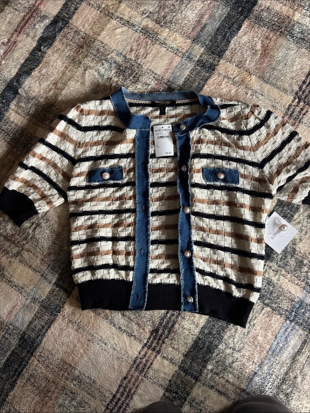 Ellen Tracy Cream, Navy & Tan Short-Sleeve Striped Cardigan